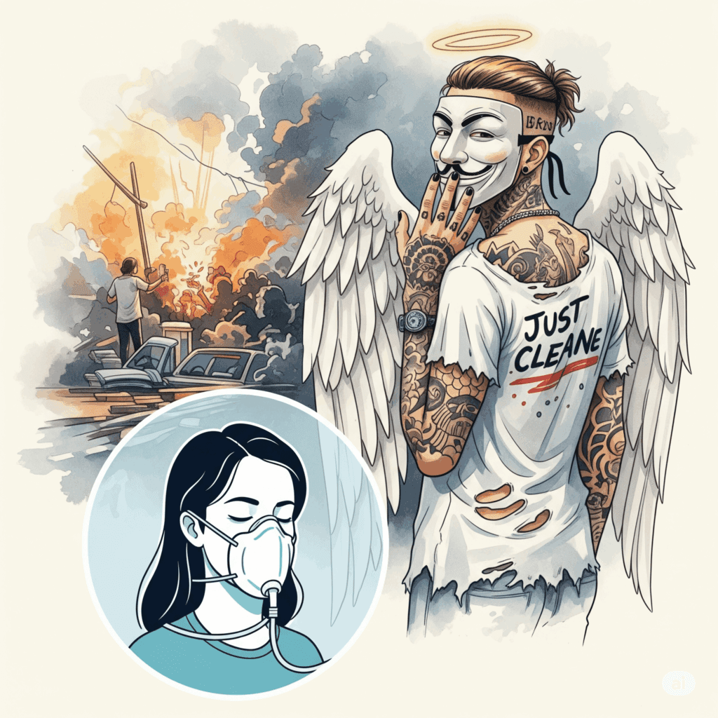 Eine stilisierte Grafik einer Frau, die sich bewusst und ruhig zuerst selbst eine Sauerstoffmaske aufsetzt. Im Hintergrund ist eine verschwommene, chaotische Szene zu sehen. Symbolisiert die absolute Priorität der Selbstfürsorge. "Selbstfürsorge für Angehörige", "Hilfe für Eltern von Süchtigen", "eigene Grenzen schützen"