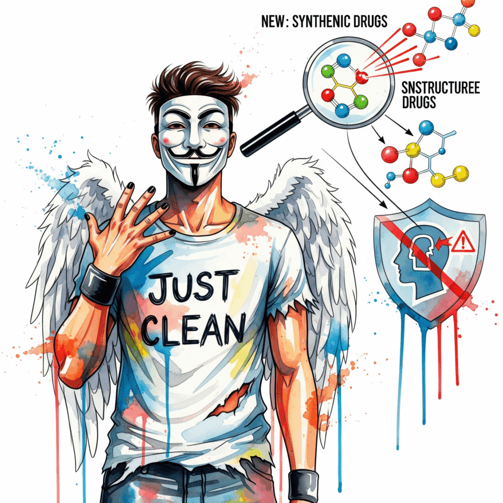 Eine schematische Grafik, die eine Lupe zeigt, die neue, synthetische Drogen (symbolisiert durch bunte, unstrukturierte Moleküle) erkennt, während ein Schutzschild (symbolisiert durch einen stilisierten Kopf, der eine Warnung erhält) die Gefahren abwehrt.  "Hendrik Streeck Drogenkrise", "Drogenpolitik 2025", "Suchtprävention", "neue psychoaktive Substanzen"