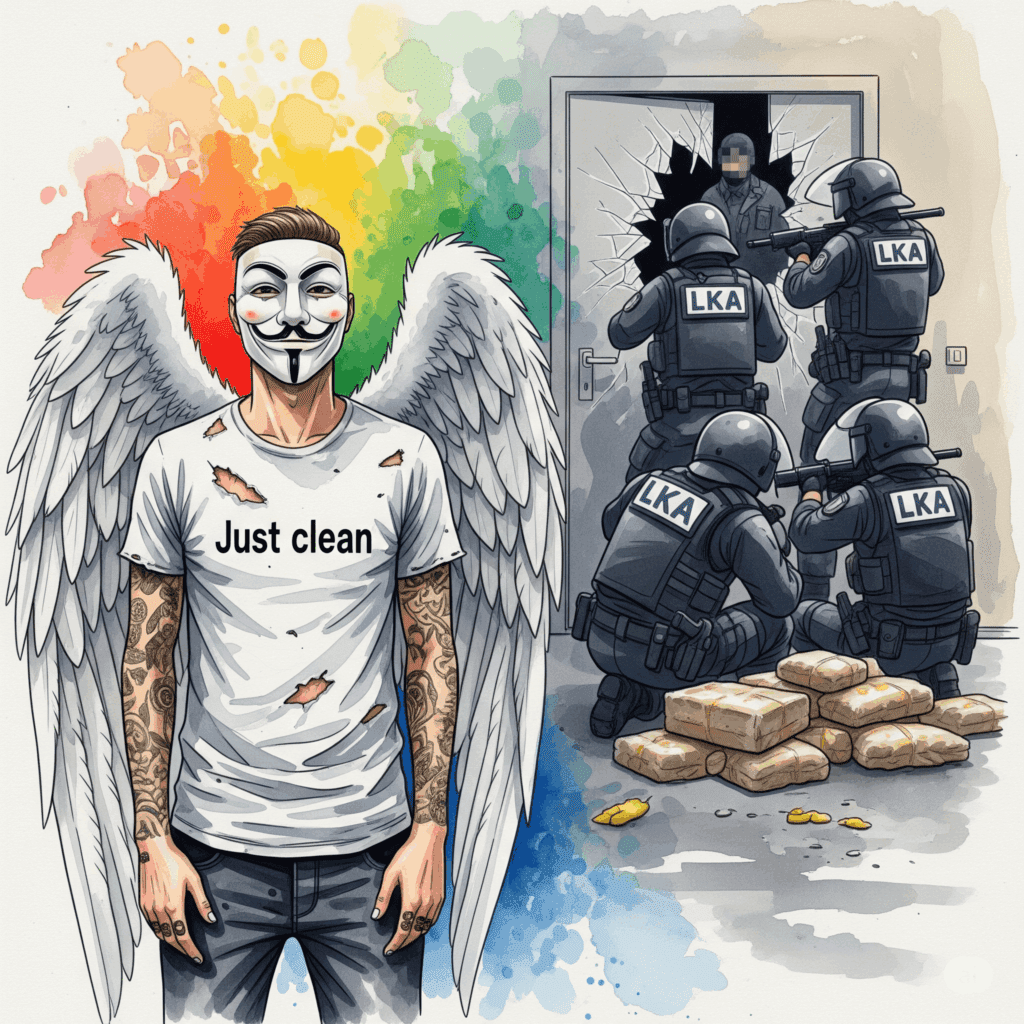 Ein dynamisches, aber anonymisiertes Foto einer Razzia. Man sieht schwer ausgerüstete Polizeibeamte (LKA) vor einer aufgebrochenen Tür oder bei der Sicherstellung von Asservaten (z.B. große Pakete mit Drogen). Die Gesichter sind nicht erkennbar. "Razzia Drogen", "LKA Hessen", "organisierte Kriminalität"