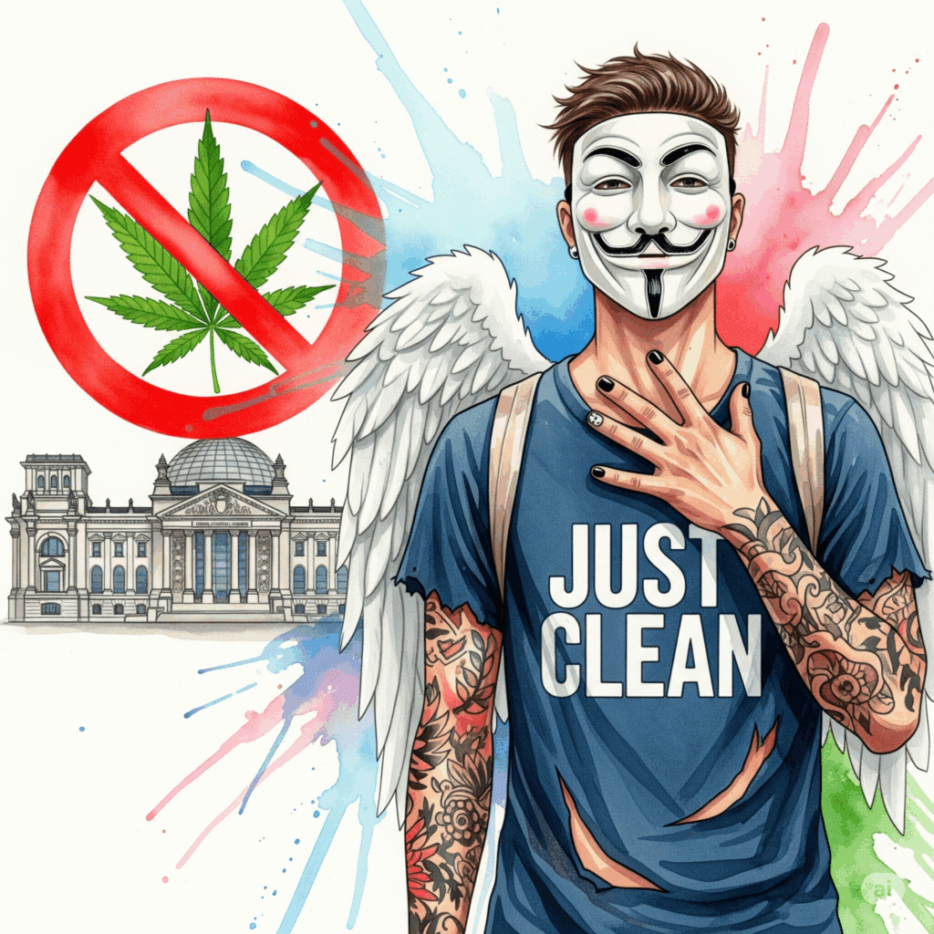Symbolische Darstellung eines Verbotschilds über einem Cannabis-Blatt vor dem Berliner Reichstagsgebäude. "Verbotsschild Cannabis-Werbung Berlin", "Ampel Koalition Politik", "Suchtprävention".