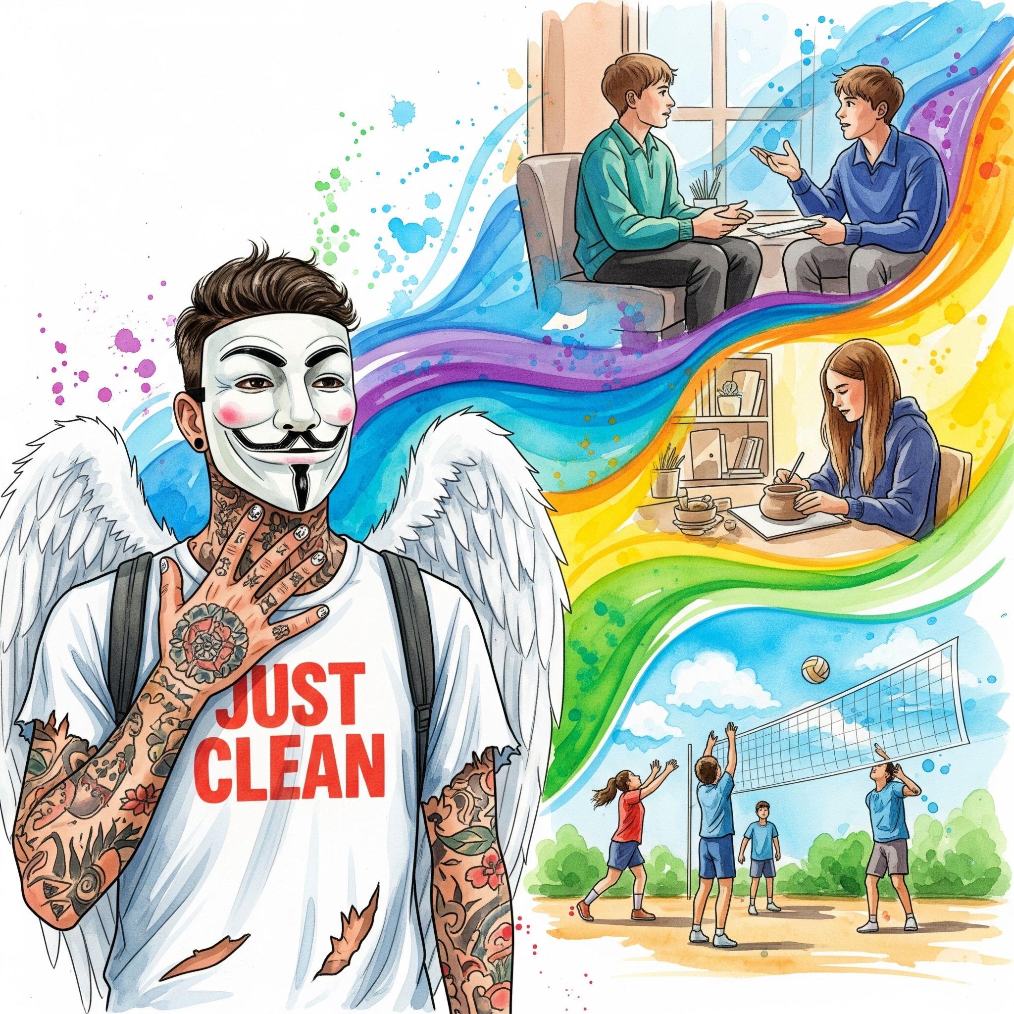 Eine Collage von Bildern, die verschiedene Therapieformen darstellen: Ein Teenager spricht mit einem Therapeuten, jemand zeichnet oder töpfert, eine Gruppe spielt draußen Volleyball. "Therapie Jugendliche Sucht", "Drug-Out Programm", "Suchtberatung", "Jugendhilfe"