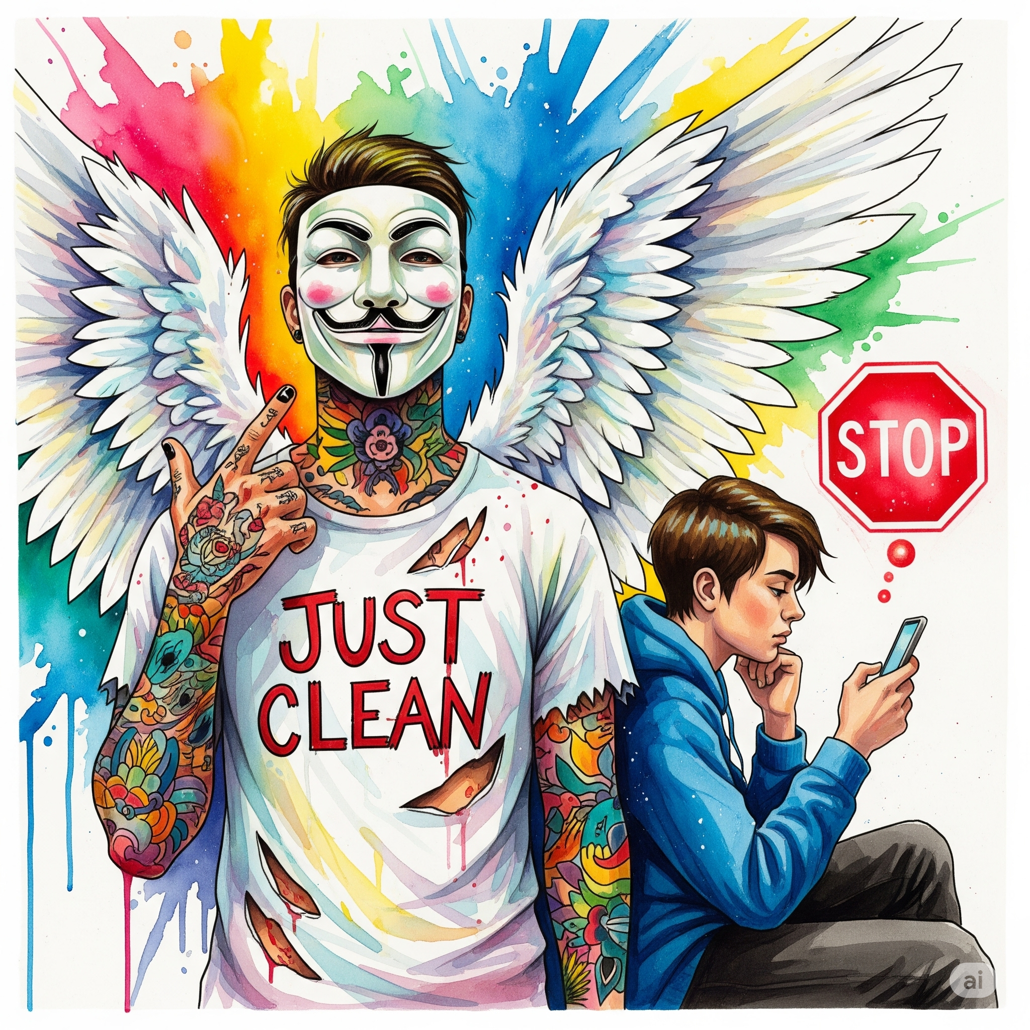 Ein Jugendlicher, der mit dem Handy in der Hand sitzt, aber dabei nachdenklich wirkt. Über dem Handy schwebt ein Stop-Schild-Symbol, das den Wunsch nach Kontrolle symbolisiert.  "Mediensucht Jugendliche", "COOLDOWN Programm", "digitale Abhängigkeit", "gesunder Medienkonsum"