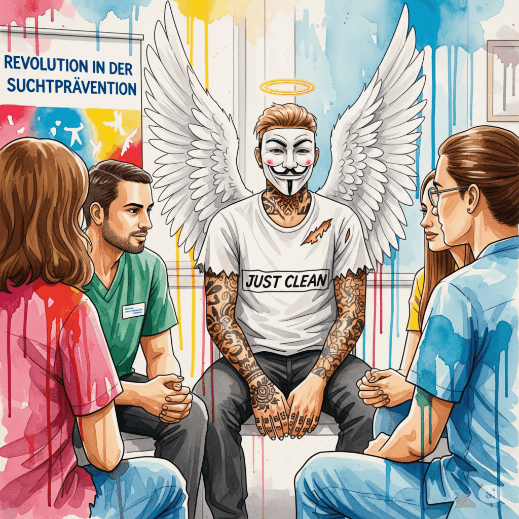 Eine Gruppe junger Erwachsener, die in einer lockeren Runde mit einer geschulten Fachkraft spricht. Die Stimmung ist offen und vertrauensvoll. "Drogenprävention Jugendliche", "Suchtprävention Schule", "Jugendliche Hilfe", "Präventionsarbeit".