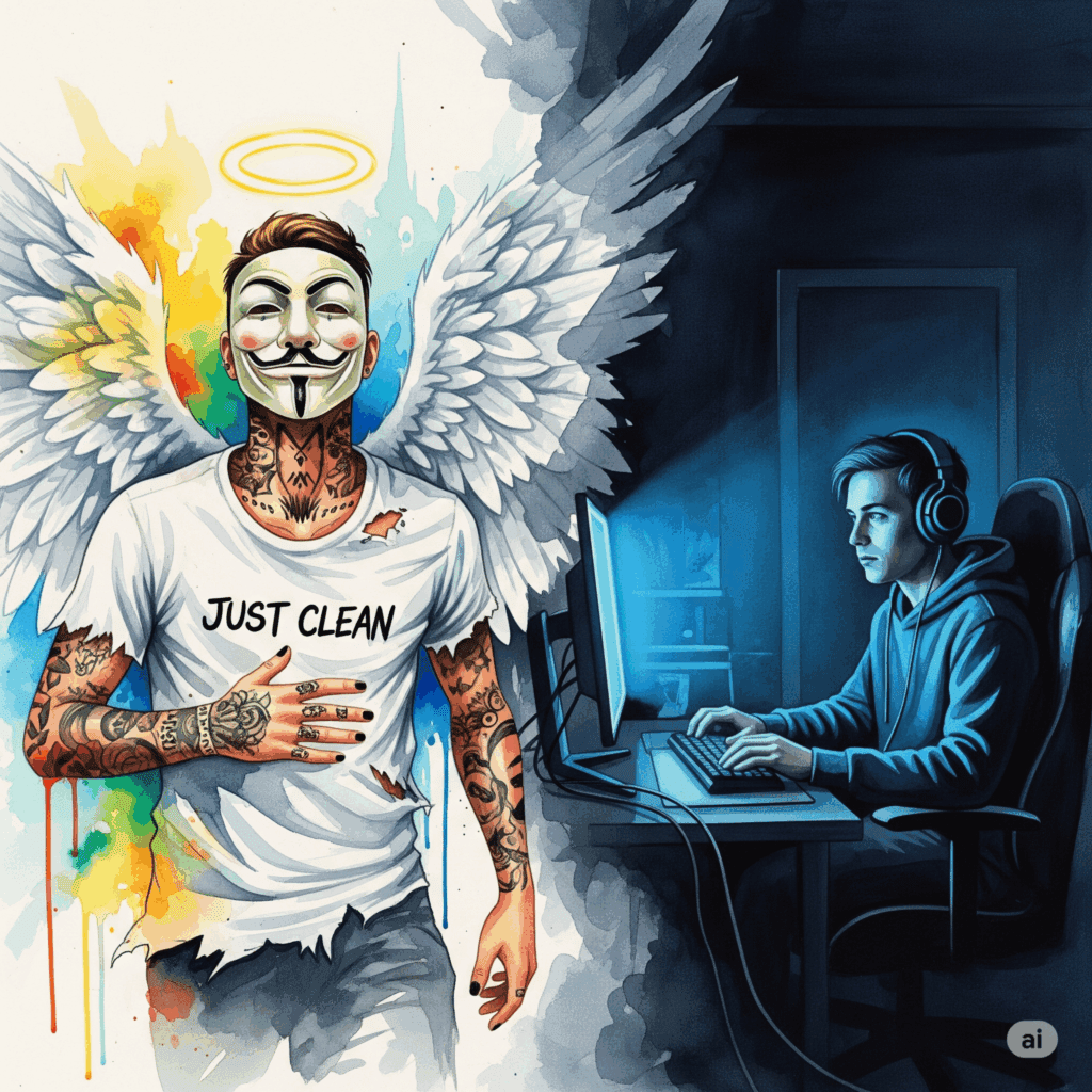 Ein Gamer sitzt allein in einem dunklen Raum, das Gesicht nur vom Bildschirmlicht beleuchtet. Der Blick ist leer. "Gaming Sucht", "psychische Gesundheit Videospiele", "Suchtberatung Gaming", "Depression".